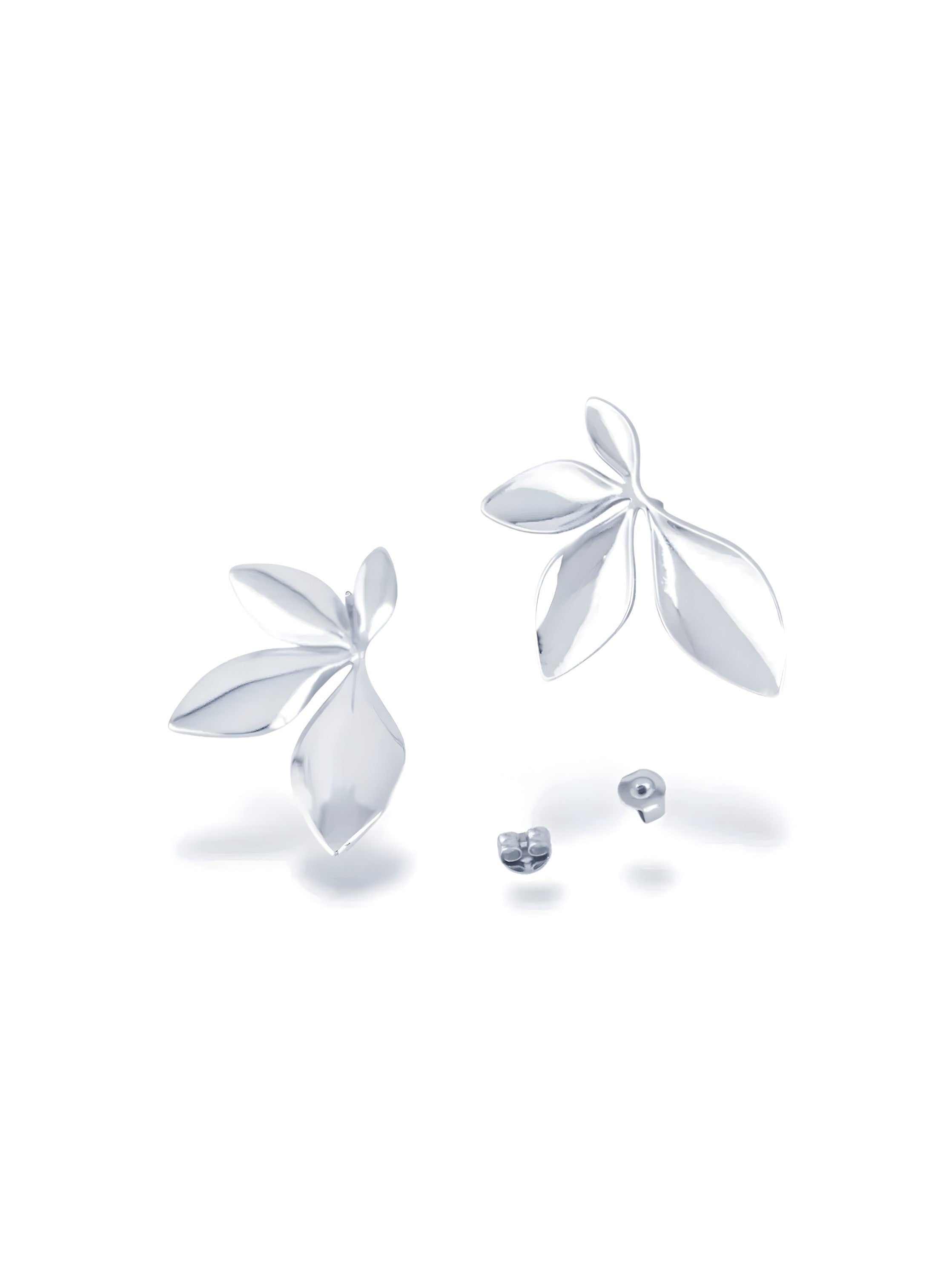 Silver Triple Leaf Stud Earrings with Polished Finish