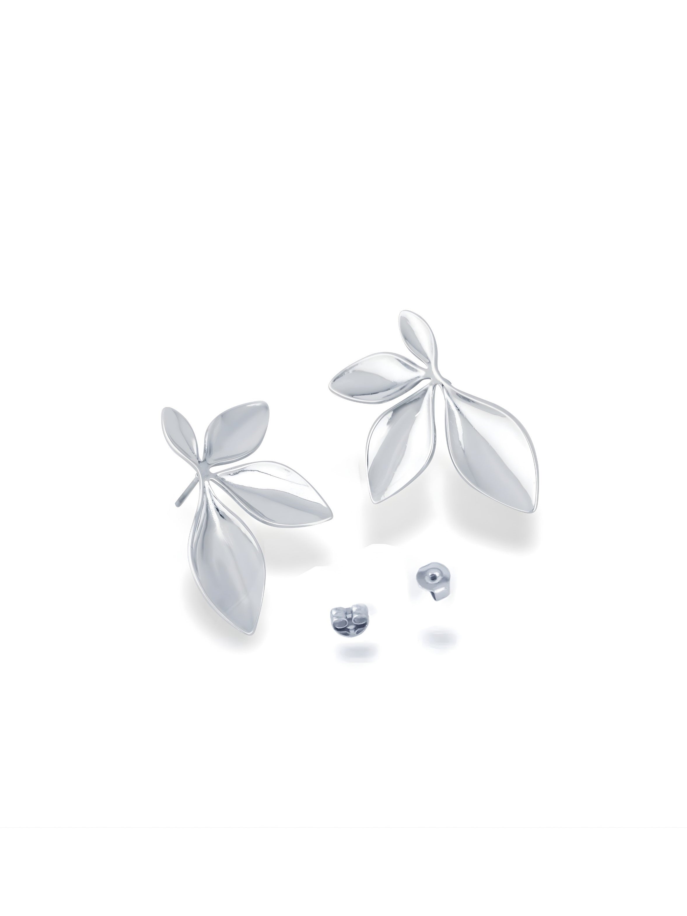 Silver Triple Leaf Stud Earrings with Polished Finish