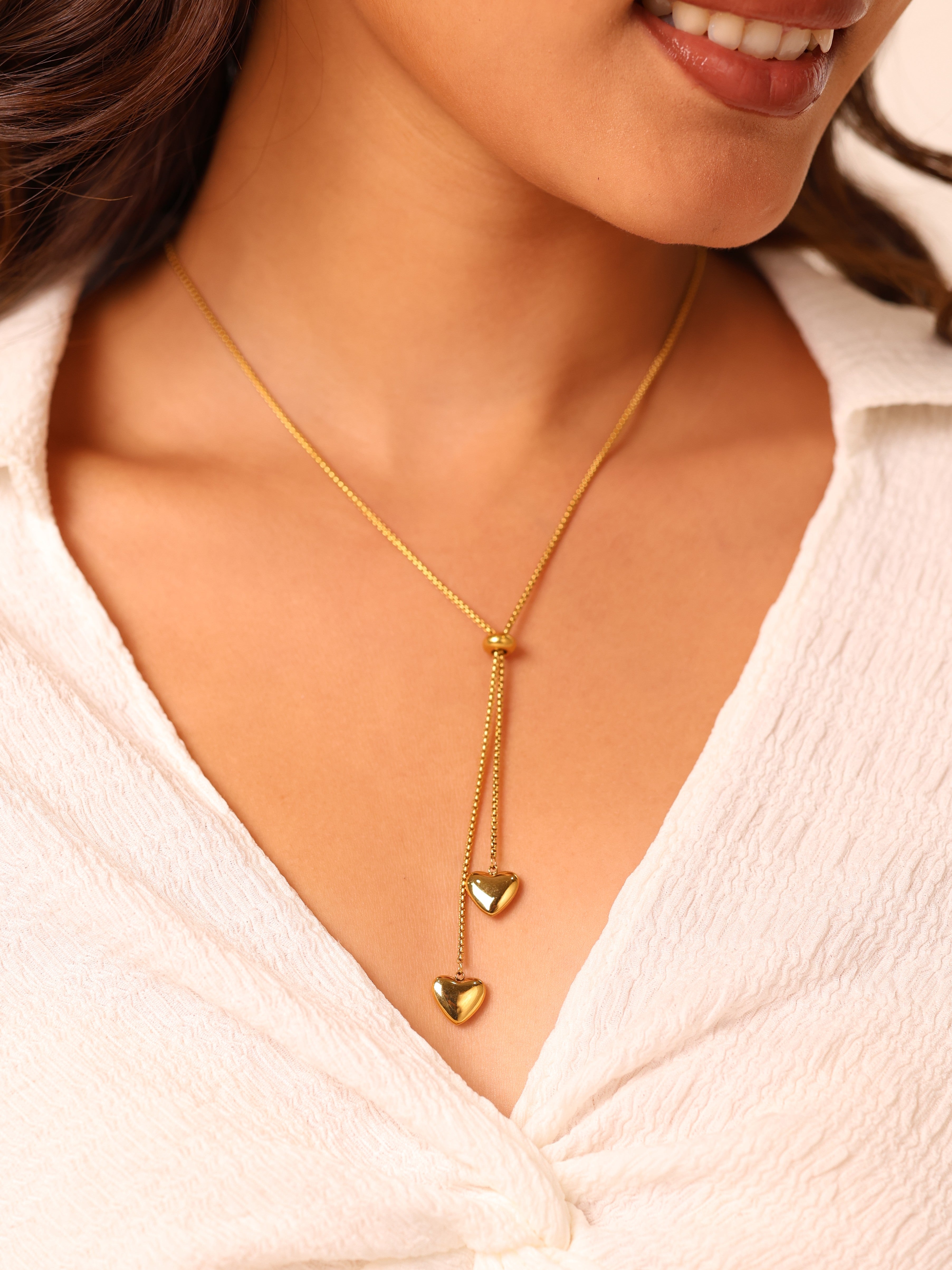 Double Heart Lariat Necklace