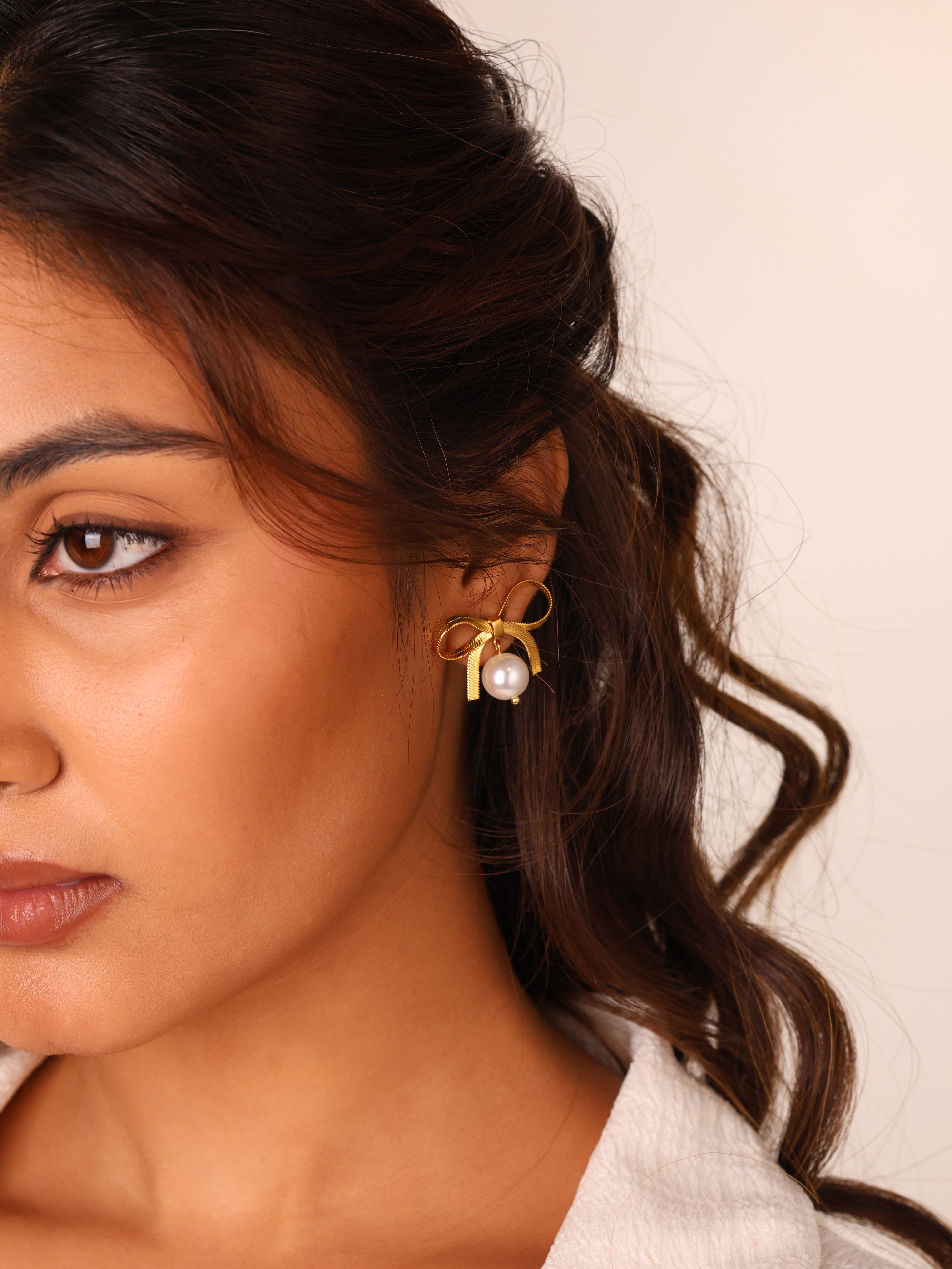 Ribbon Bow Pearl Drop Earrings