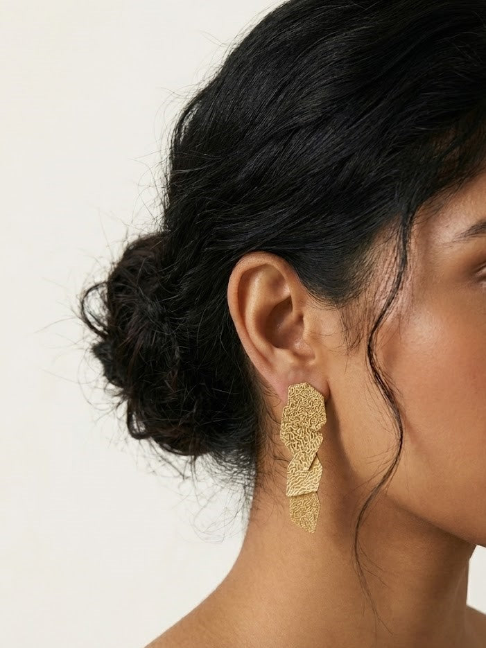 Shimmer Textured Gold Drop Stud Earrings