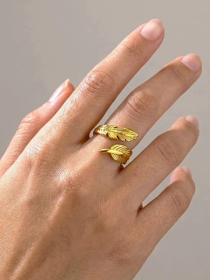 Elegant Gold Feather Adjustable Open Band Ring - Doulaat