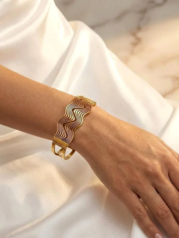 Elegant Gold Mirage Bangle with Triple Sparkle Rows - Doulaat
