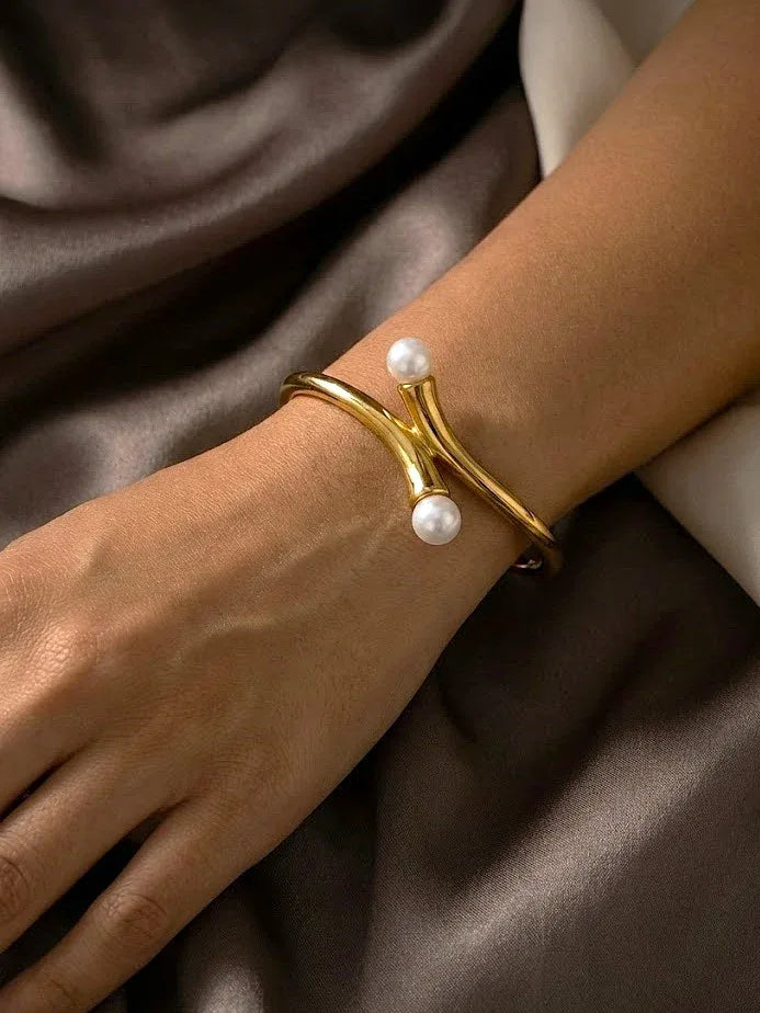 Elegant Bold Cuff Gold Bangle with Twin Pearls - Doulaat