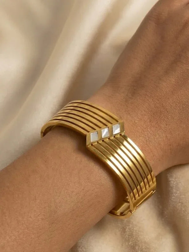 Radiant Gold Cuff Bangle with Clean Modern Lines - Doulaat