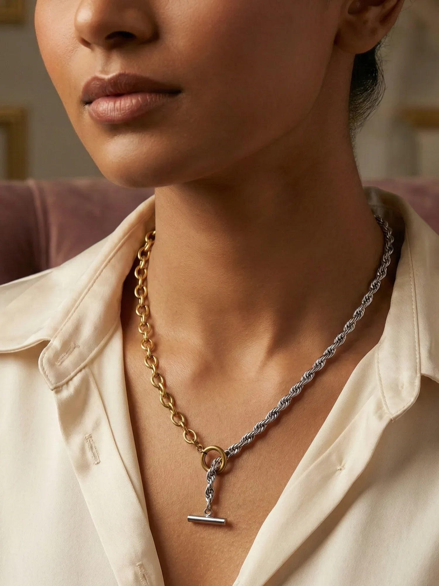 Modern Two-Tone Bar Drop Chain Necklace - Doulaat