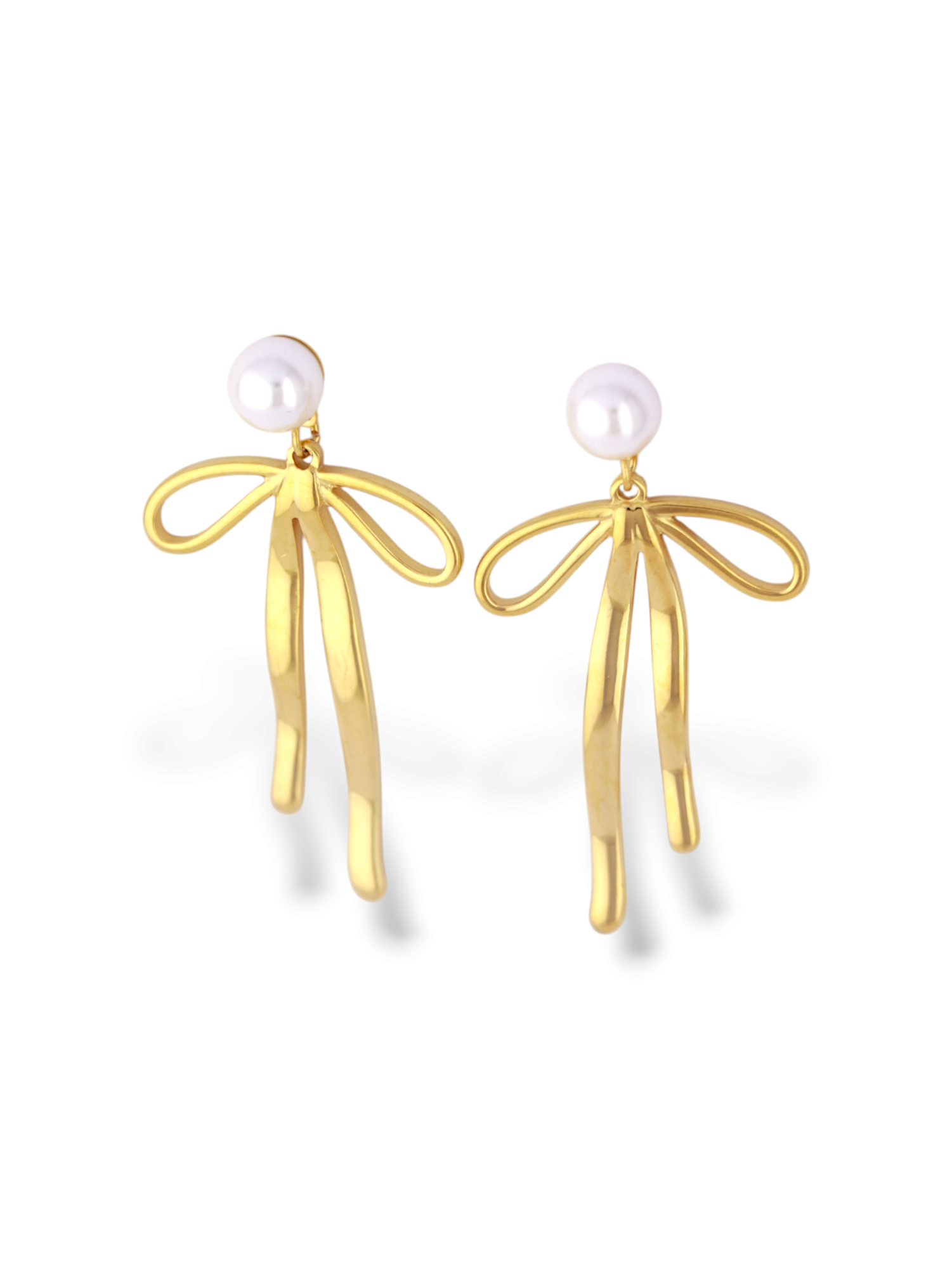 Gold Bow Ribbon Earrings with Elegant Pearl Studs