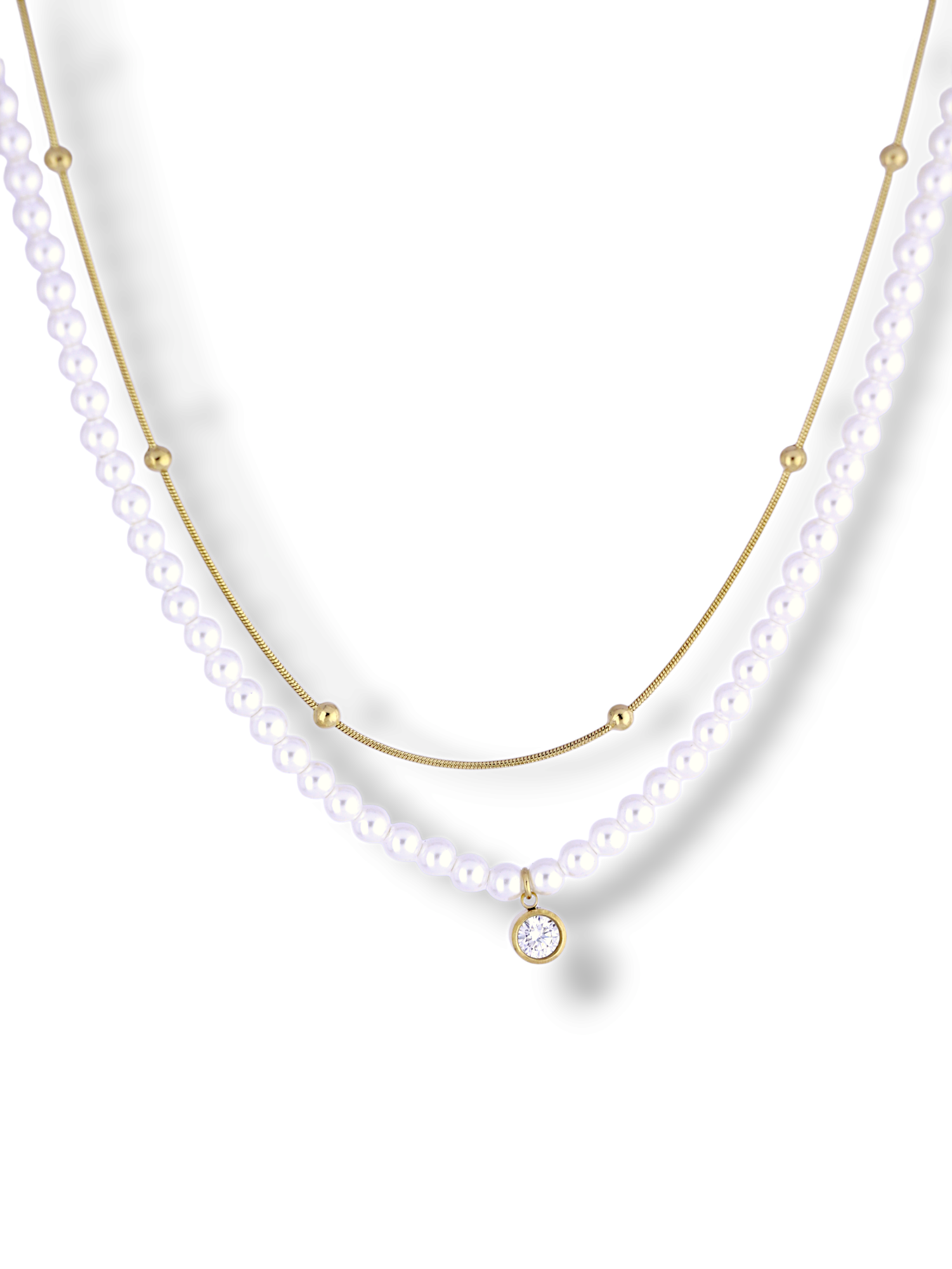 Gold Layered Pearl & Crystal Charm Necklace