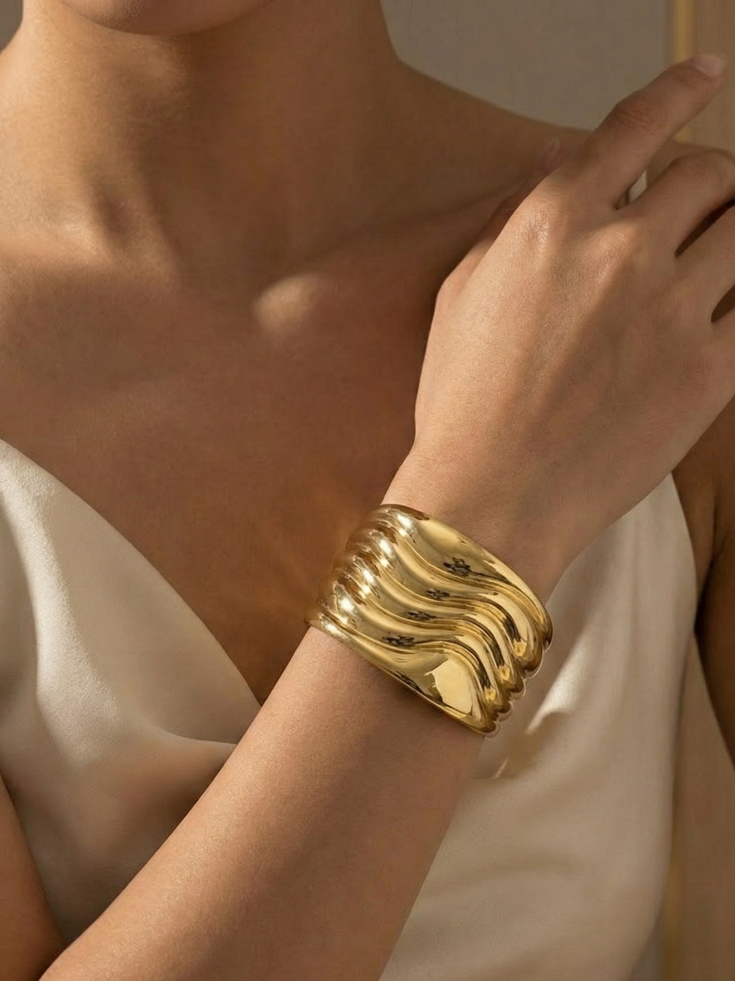 Elegant Comet Gold Wavy Wide Cuff Statement Bangle