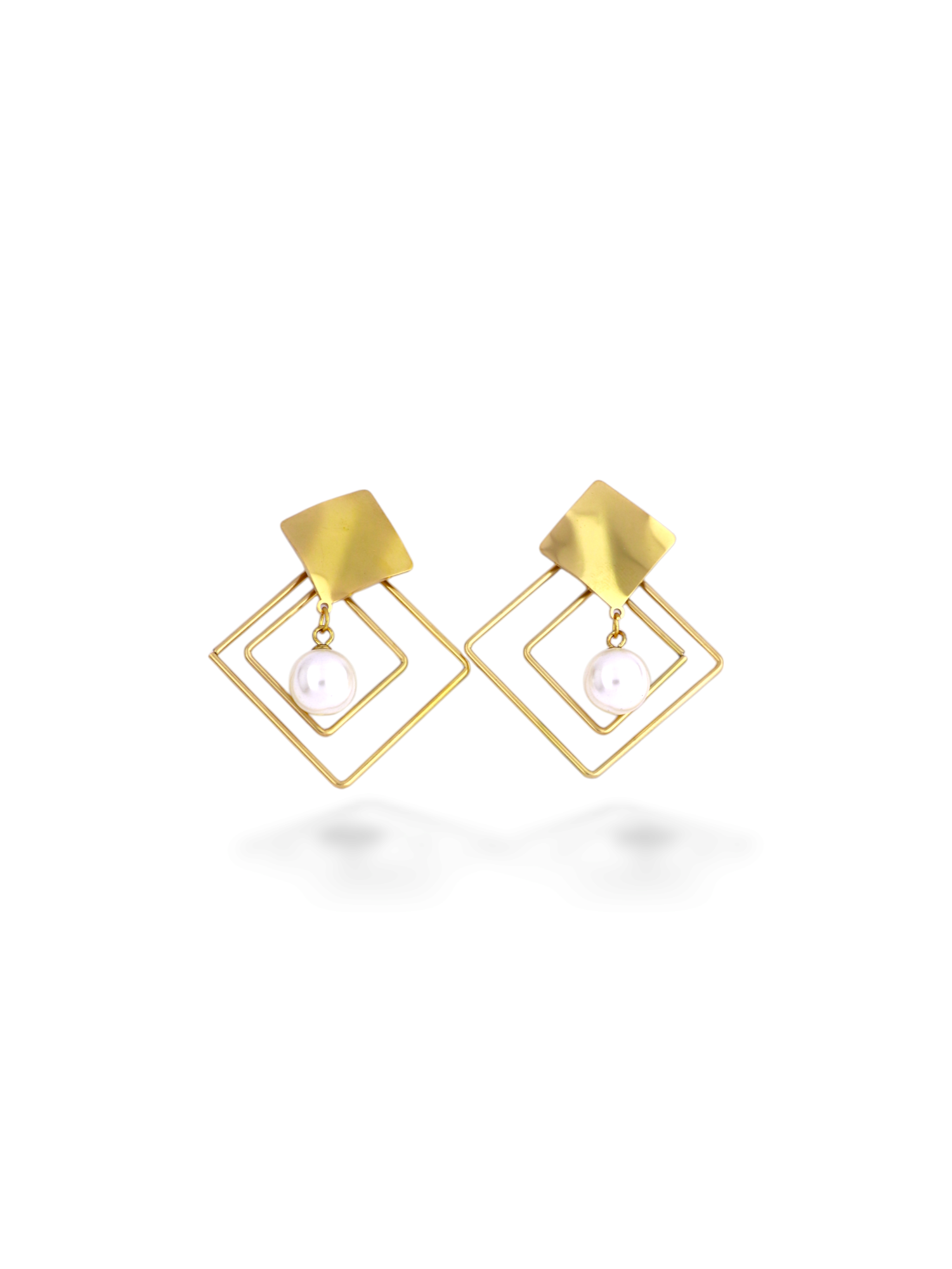 Golden Cross Frame Pearl Drop Earrings