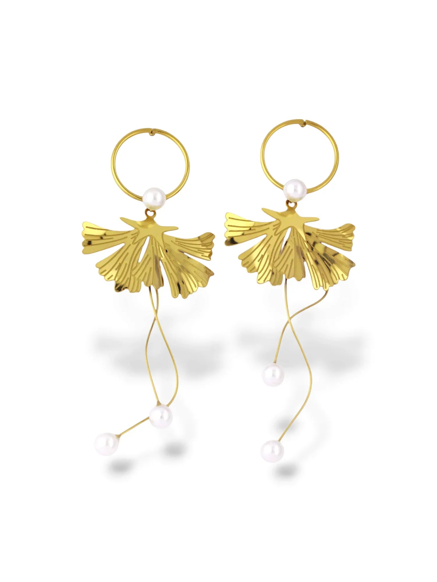 Leaf Hoop Earrings with Elegant Pearl Drops - Doulaat