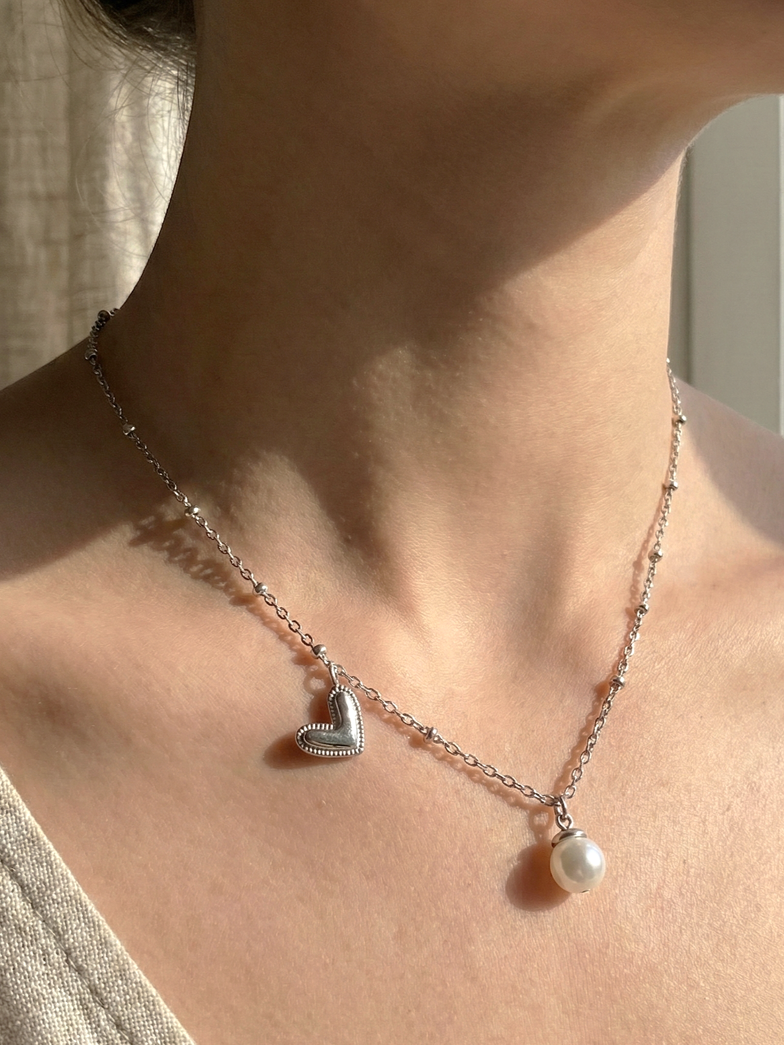Heart Charm Pearl Drop Necklace