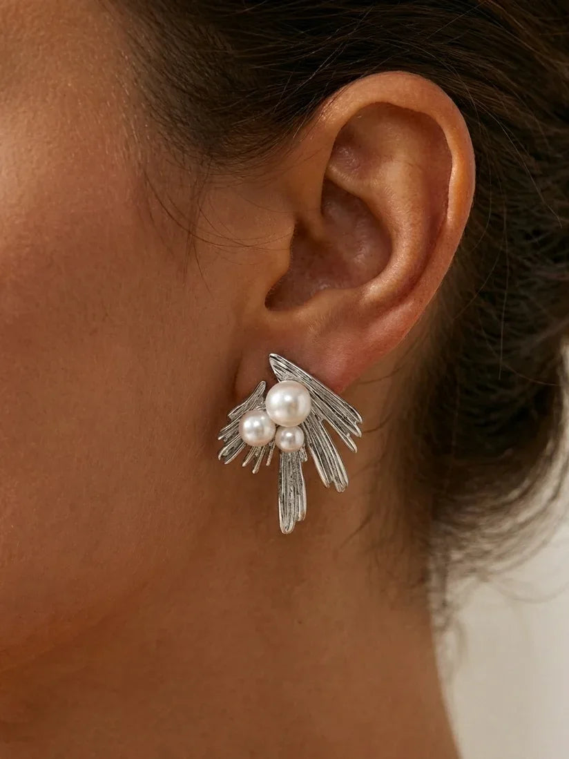 Mini Leaf Pearl Stud Earrings with Soft Silver Shine - Doulaat