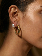 Gold Pearl Hoop Stud Earrings