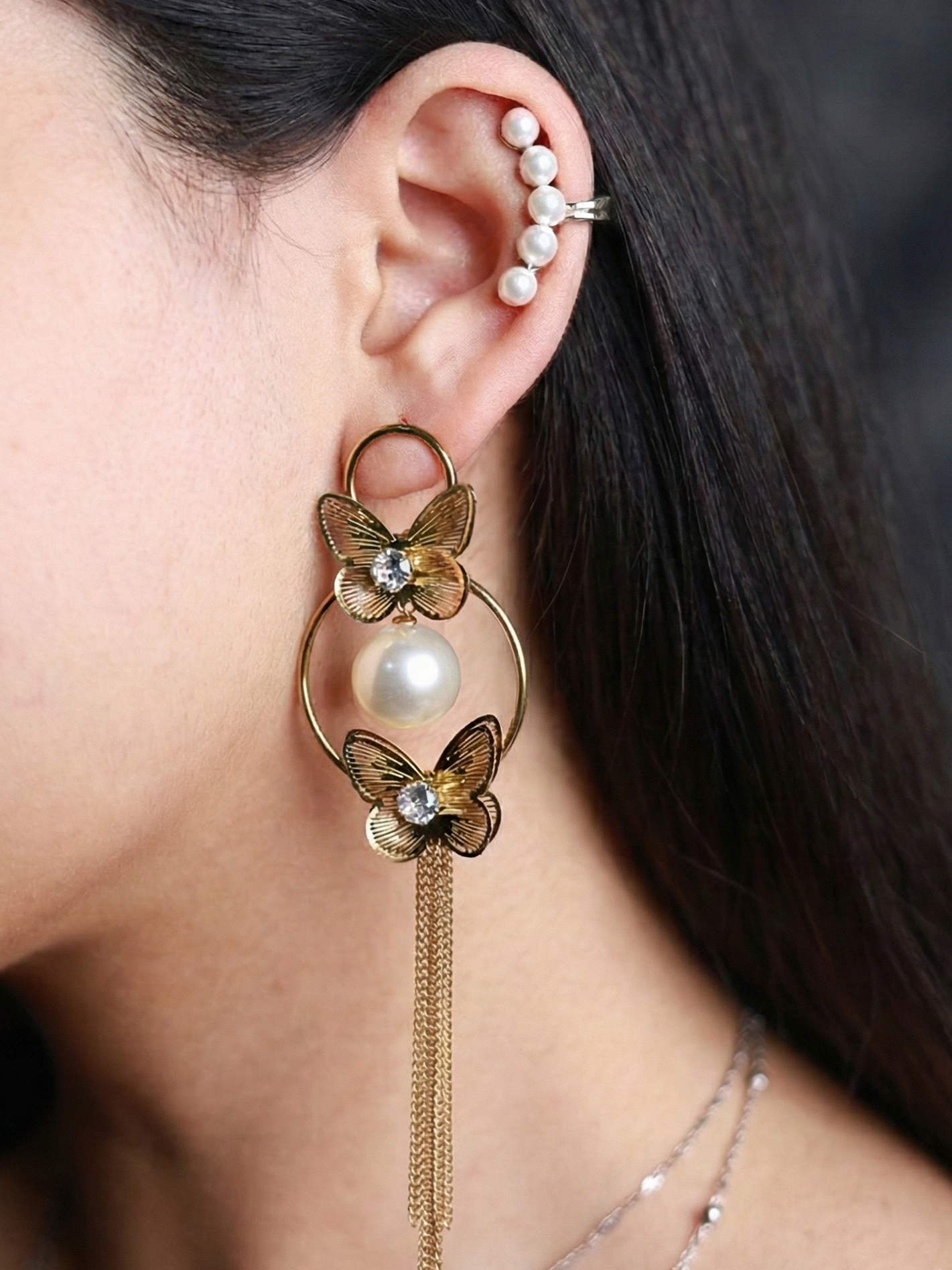 Golden Butterfly Pearl Tassel Drop Earrings