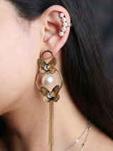 Golden Butterfly Pearl Tassel Drop Earrings