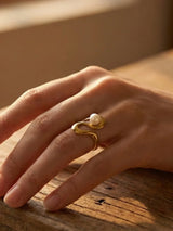 Pearl Curve Gold Open Adjustable Ring - Doulaat