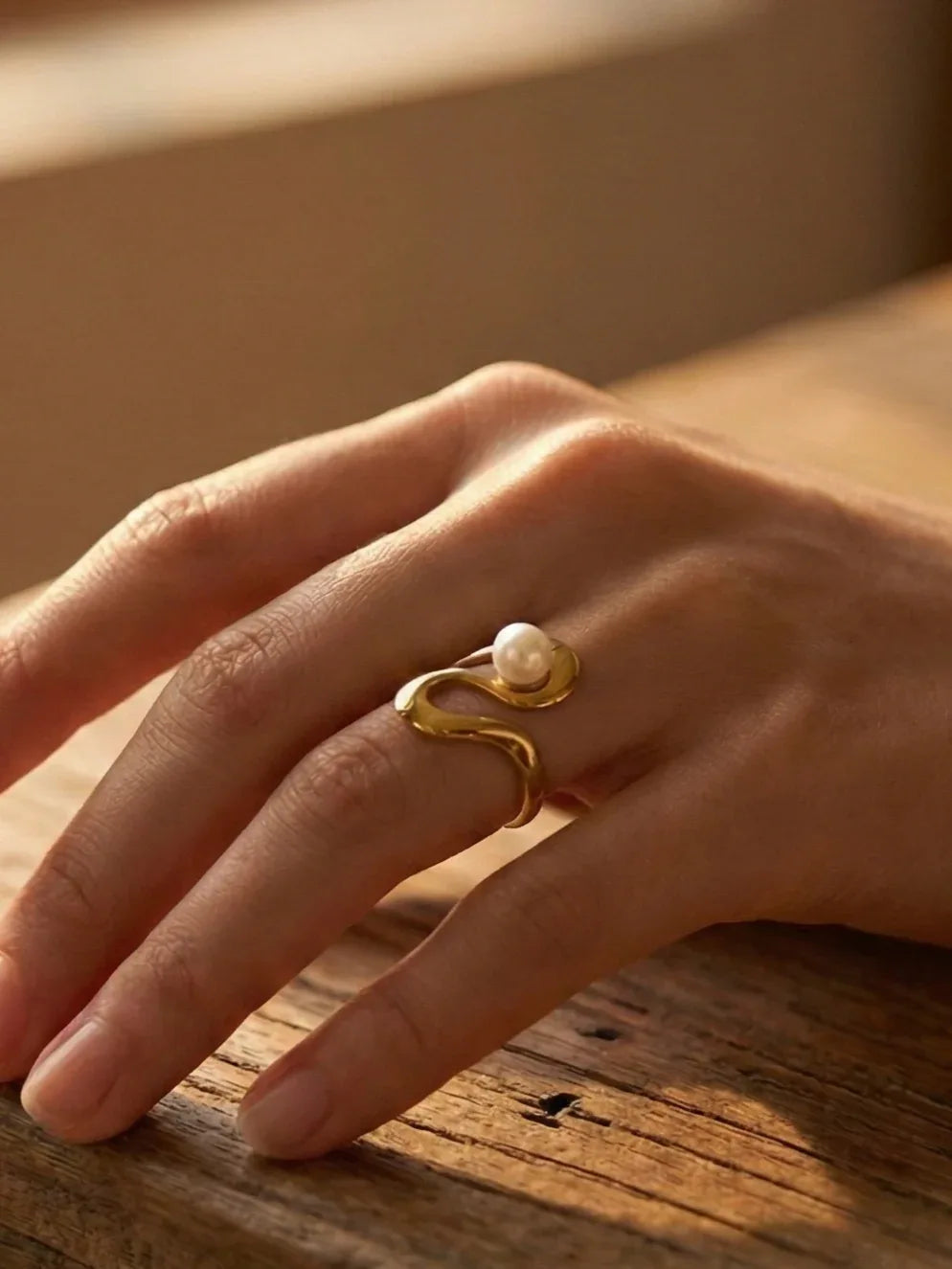 Pearl Curve Gold Open Adjustable Ring - Doulaat
