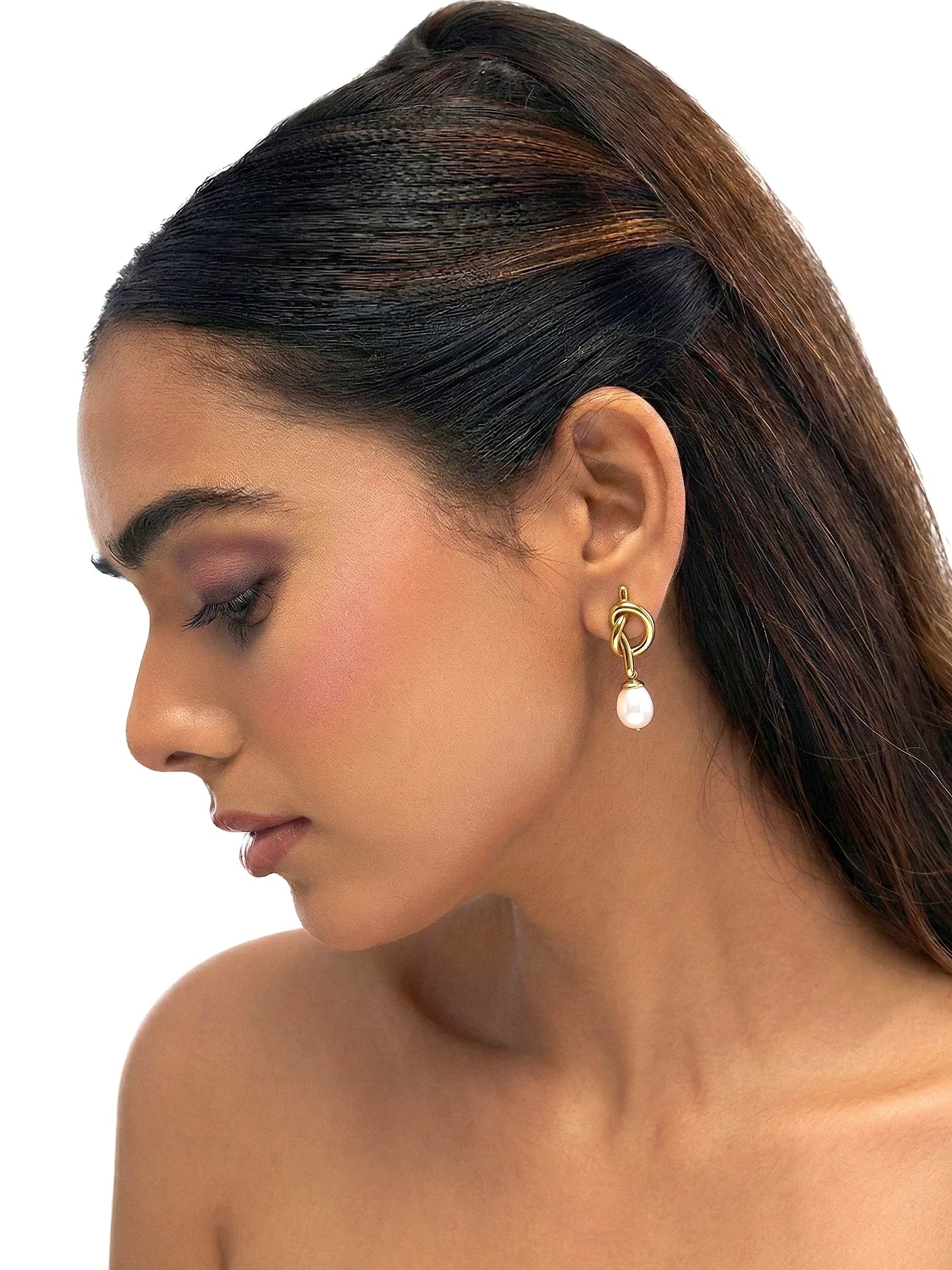 Golden Knot Pearl Drop Stud Earrings for Daily Wear - Doulaat