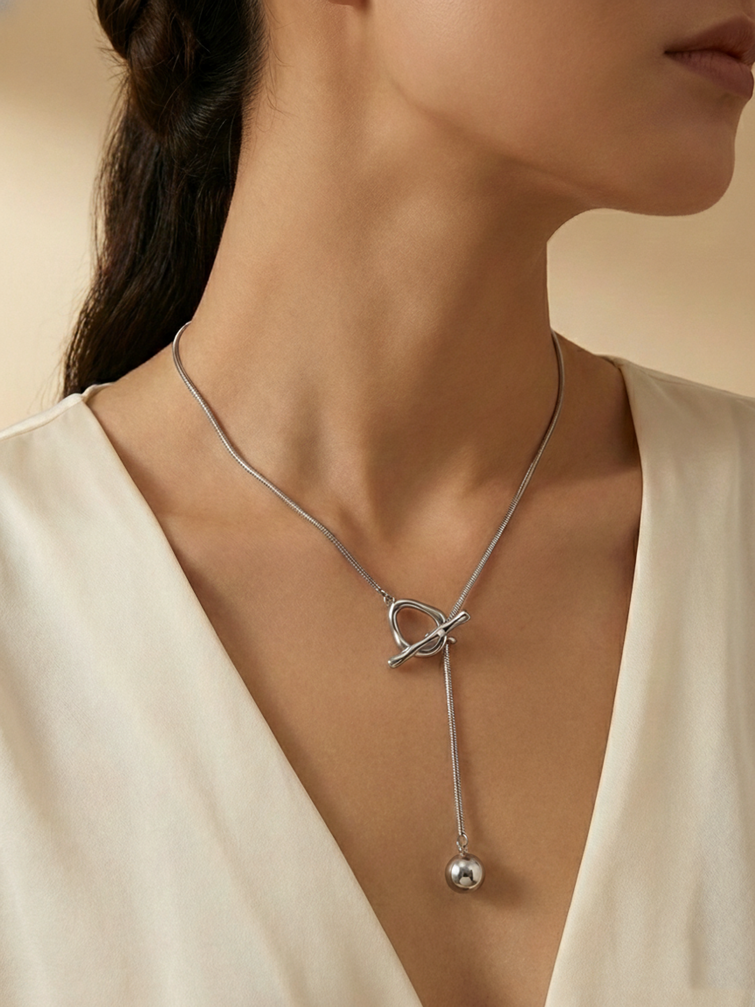 Silver Ball Drop Lariat Necklace with Slide Loop