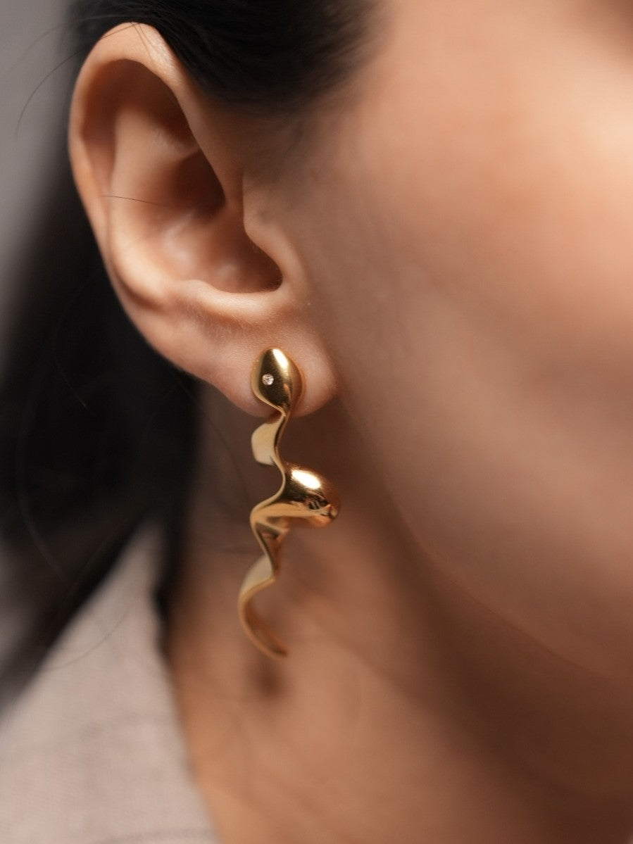 Gold Torsion Drop Earrings with Fluid Shape