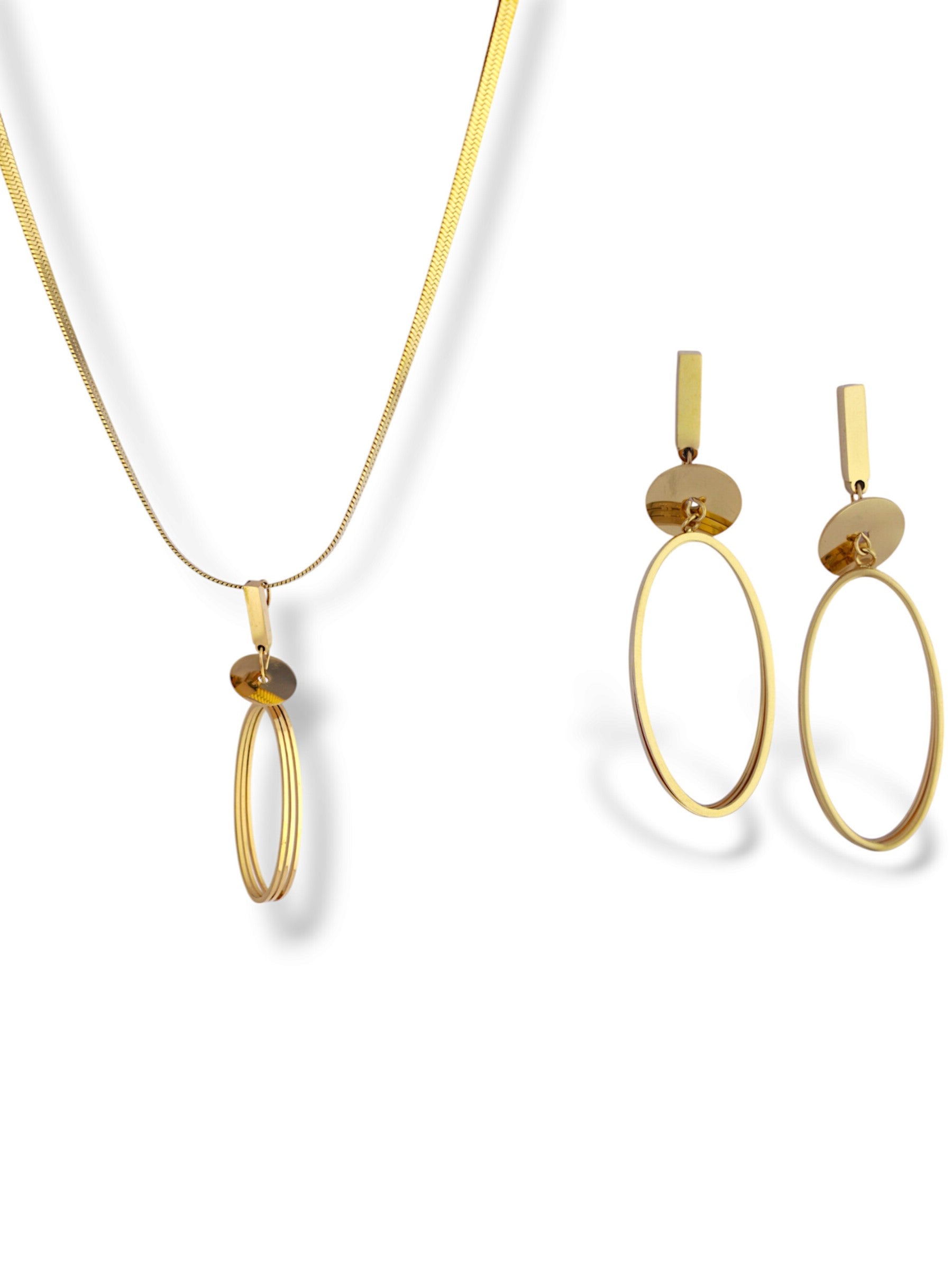 Elegant Gold Long Oval Necklace and Earring Set