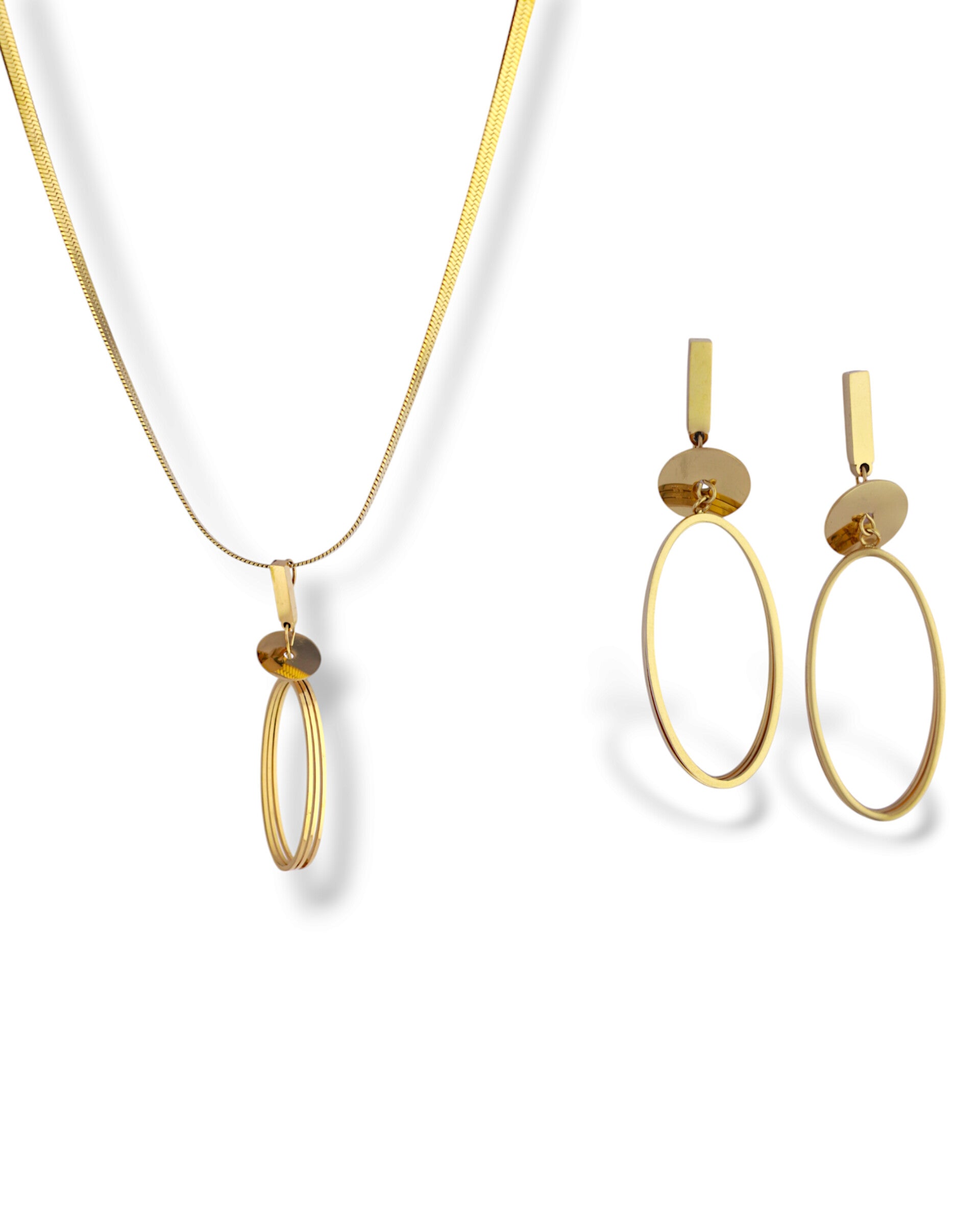 Elegant Gold Long Oval Necklace and Earring Set