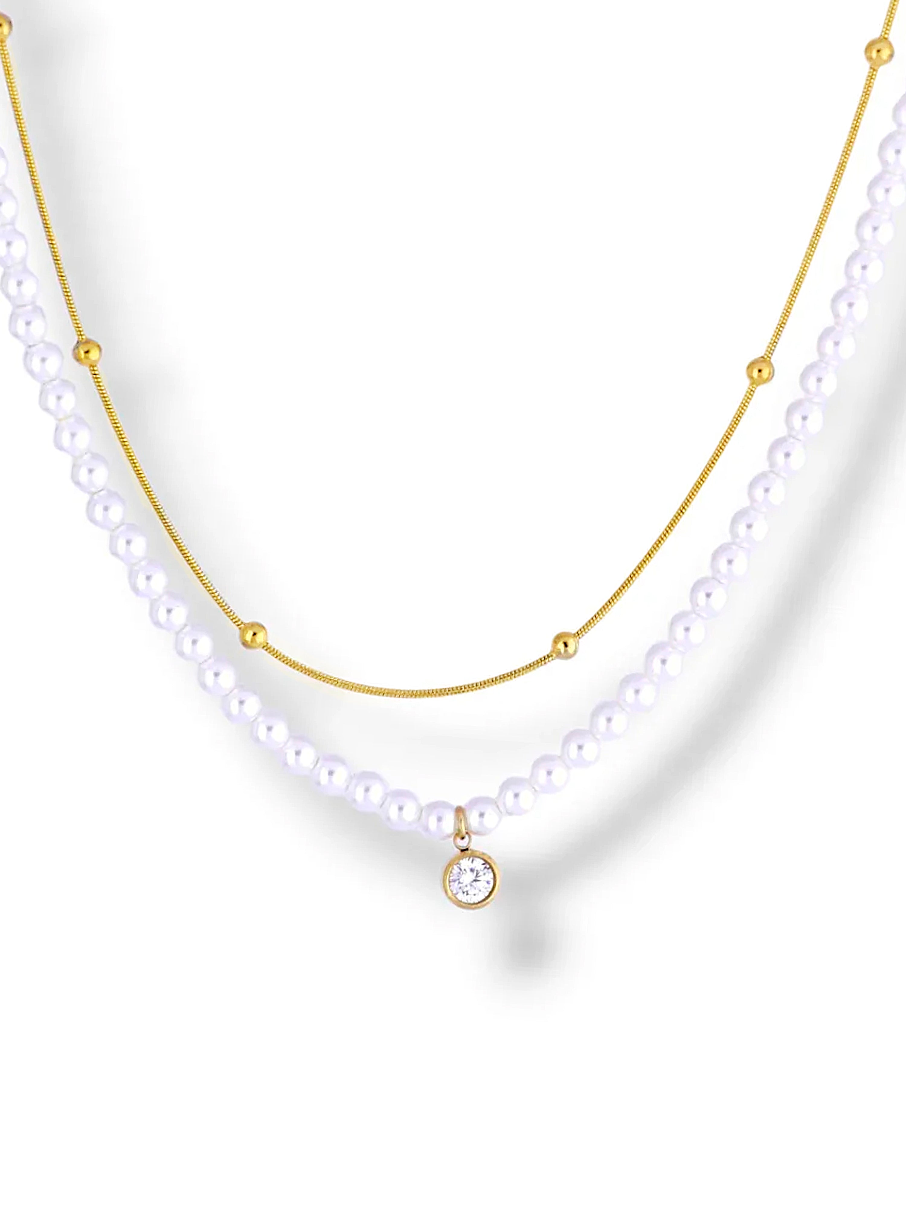 Gold Layered Pearl & Crystal Charm Necklace