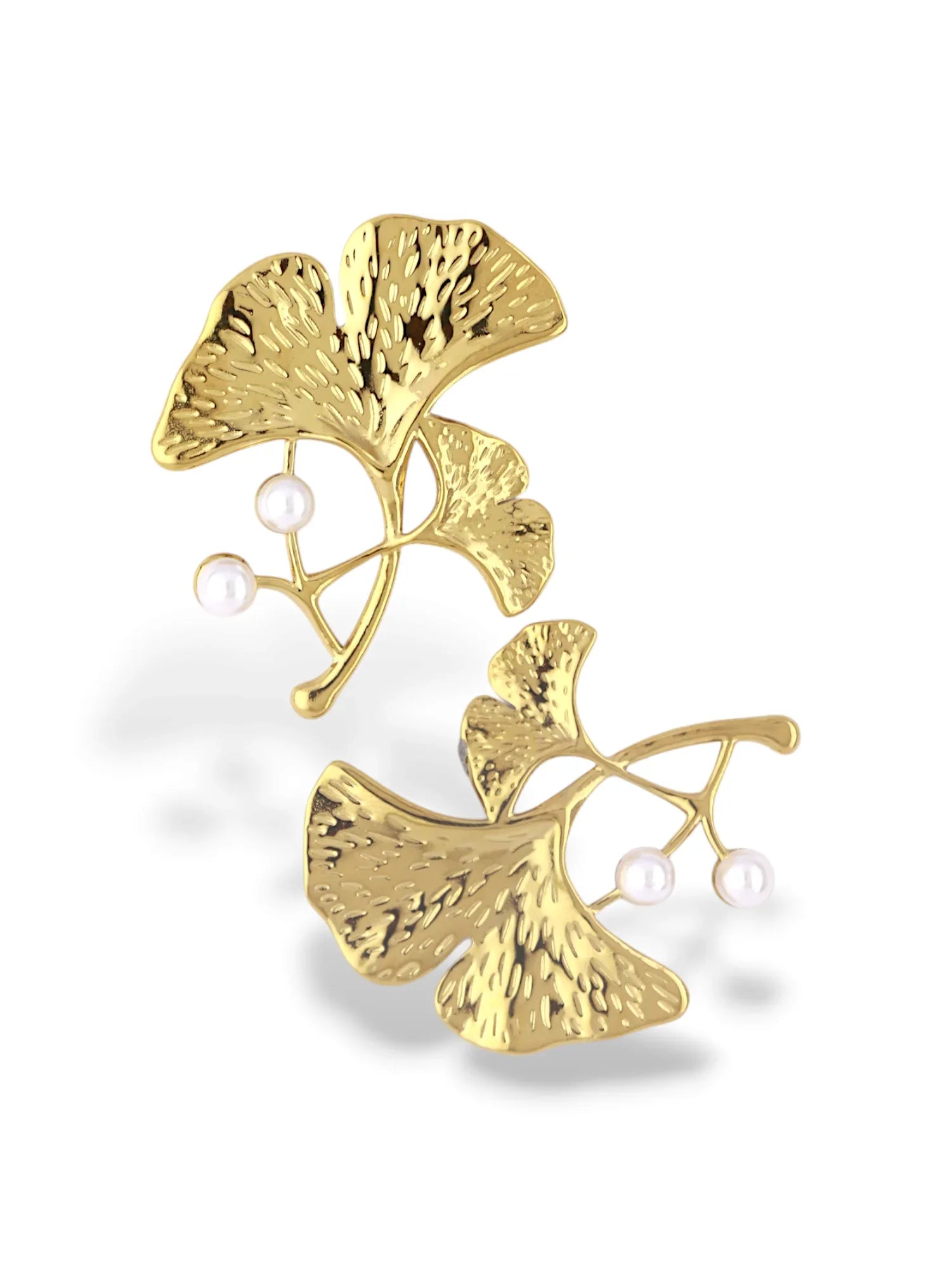 Gold Leaf Drop Earrings with Pearl Accents - Doulaat