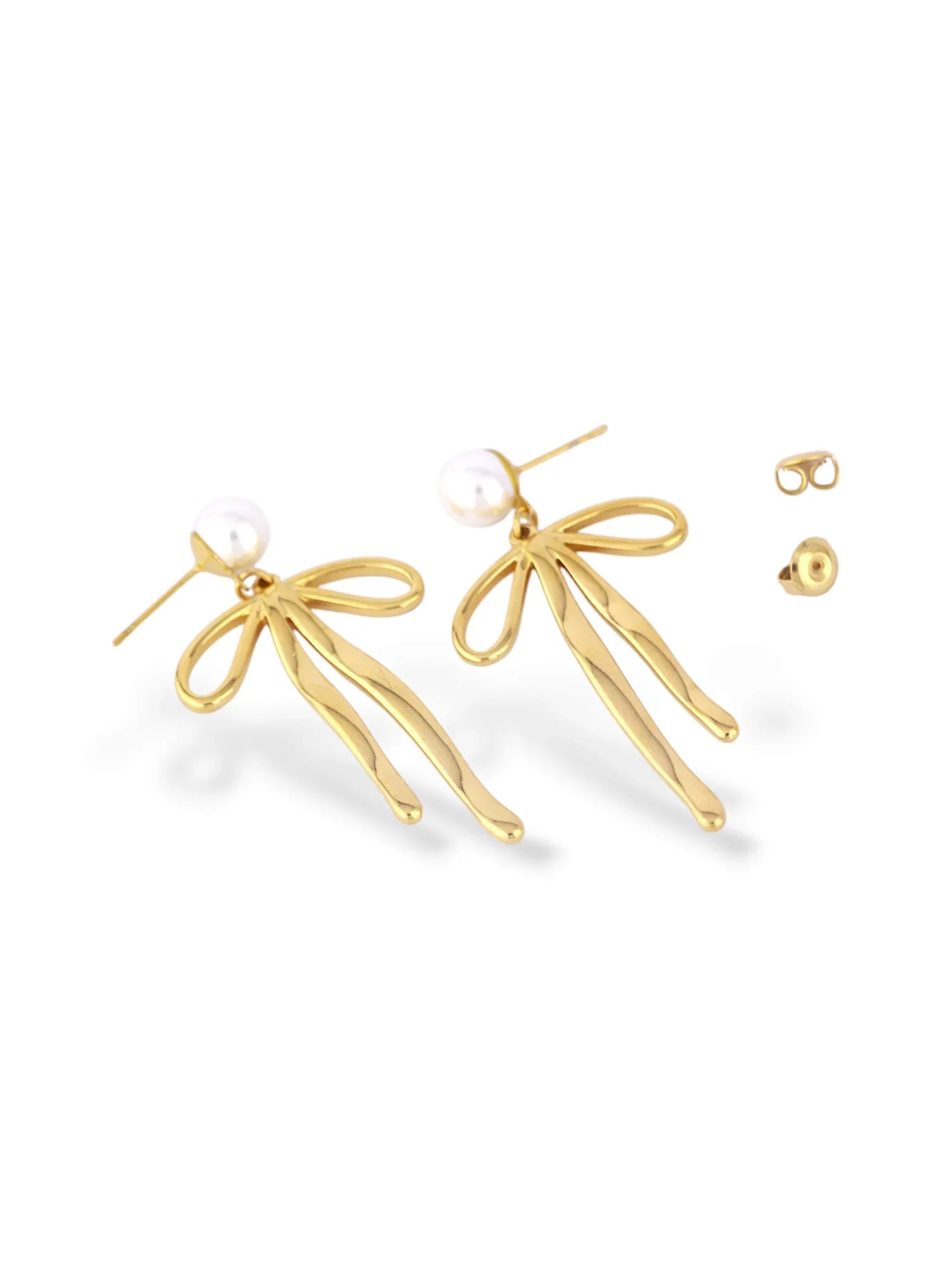 Gold Bow Ribbon Earrings with Elegant Pearl Studs - Doulaat