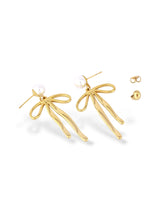 Gold Bow Ribbon Earrings with Elegant Pearl Studs - Doulaat