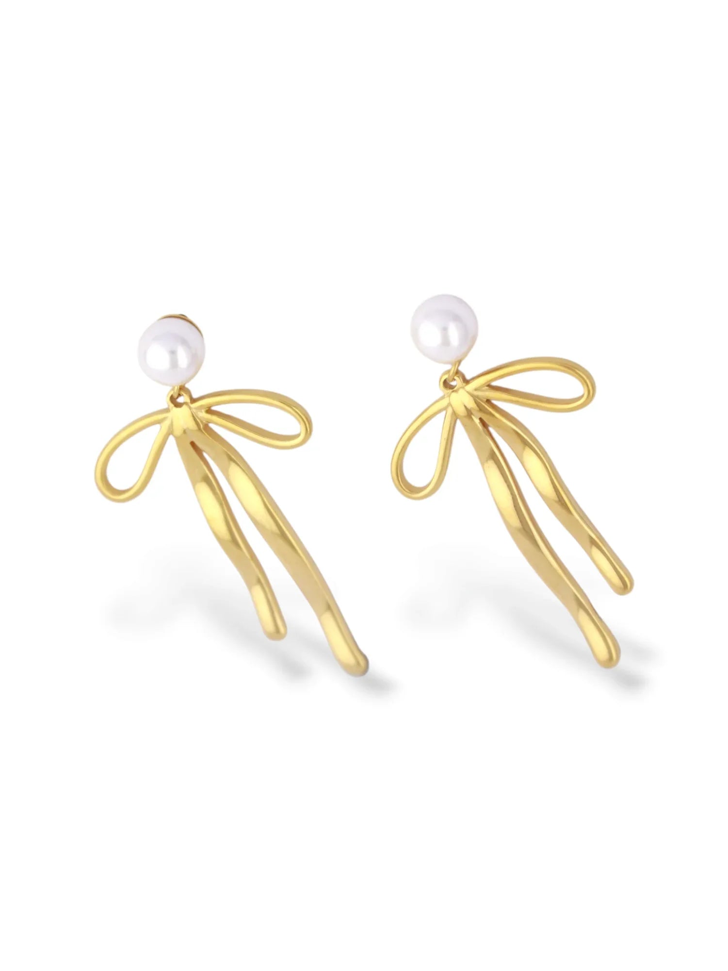 Gold Bow Ribbon Earrings with Elegant Pearl Studs - Doulaat