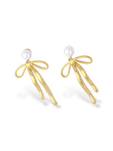 Gold Bow Ribbon Earrings with Elegant Pearl Studs - Doulaat