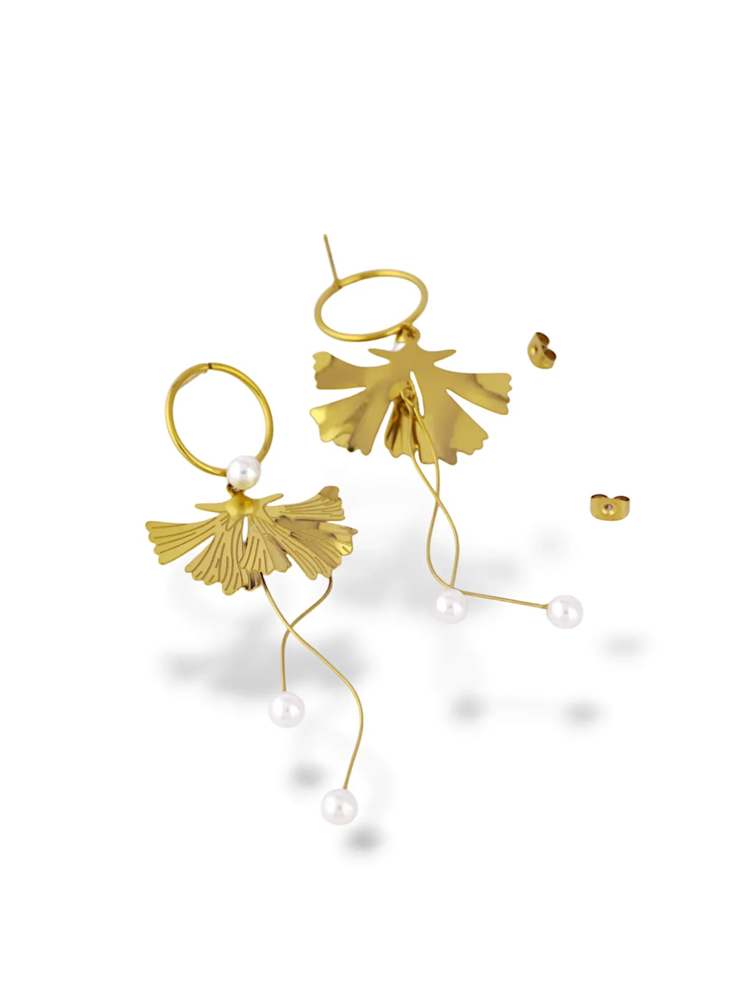Leaf Hoop Earrings with Elegant Pearl Drops - Doulaat