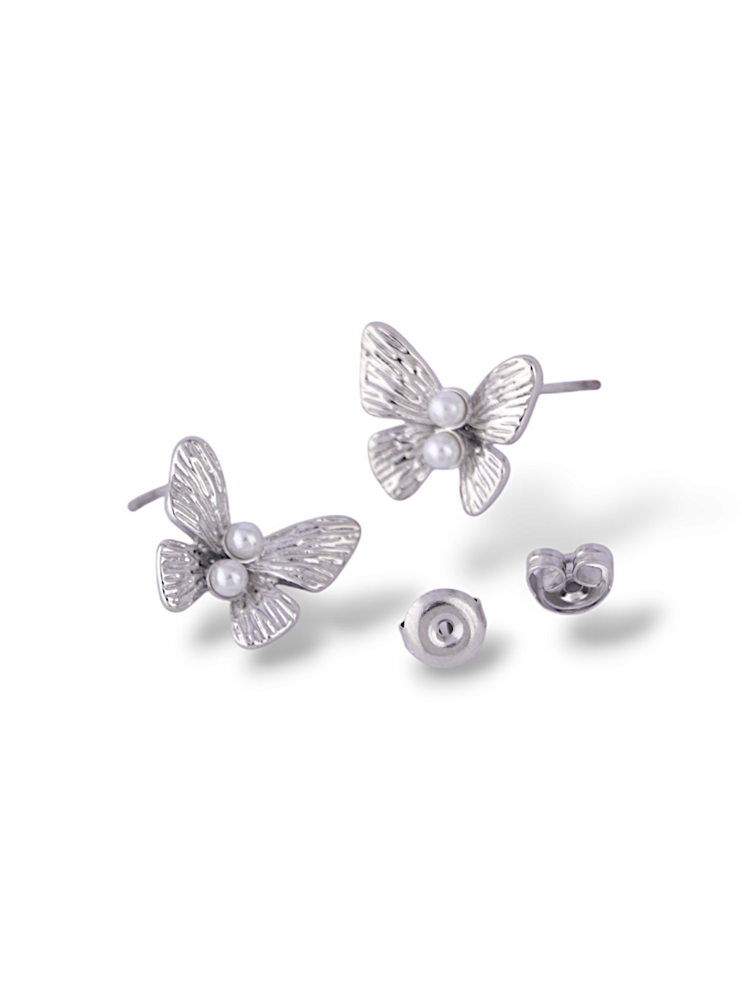 Silver Butterfly Stud Earrings with Soft Pearl