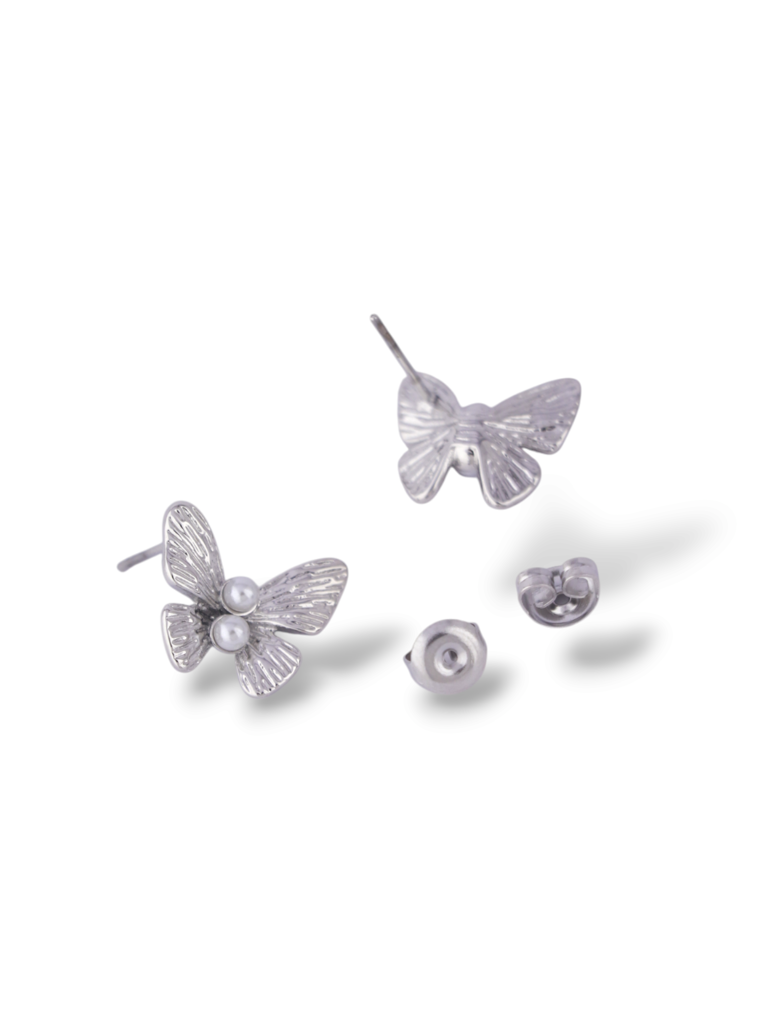 Silver Butterfly Stud Earrings with Soft Pearl