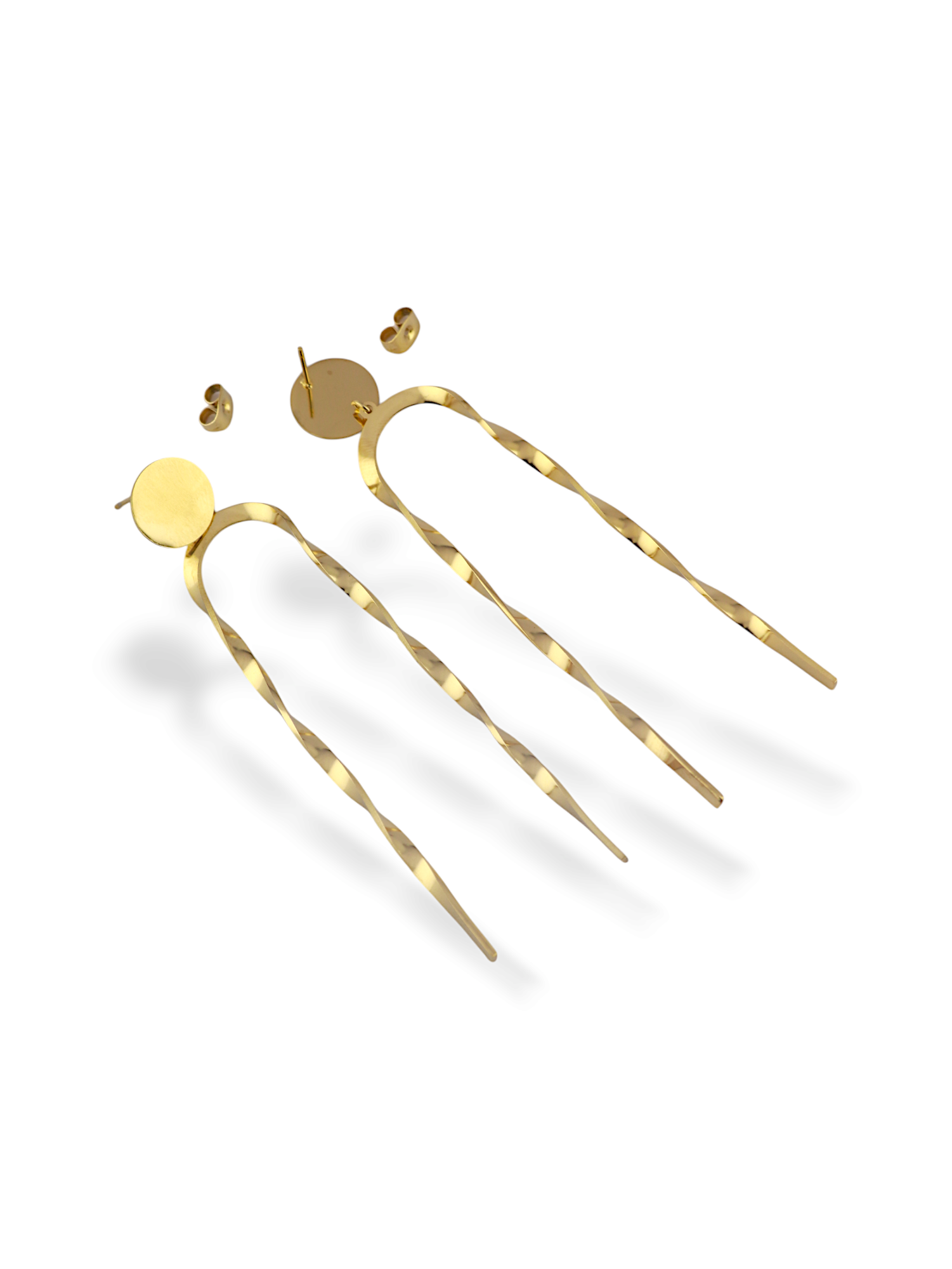 Long Gold Wave Drop Stud Earrings with Soft Flow Shape