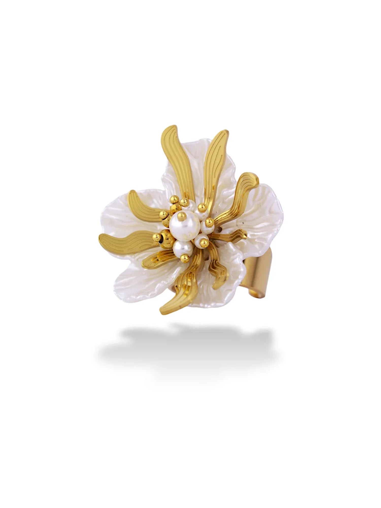 Elegant White and Gold Flower Adjustable Ring - Doulaat