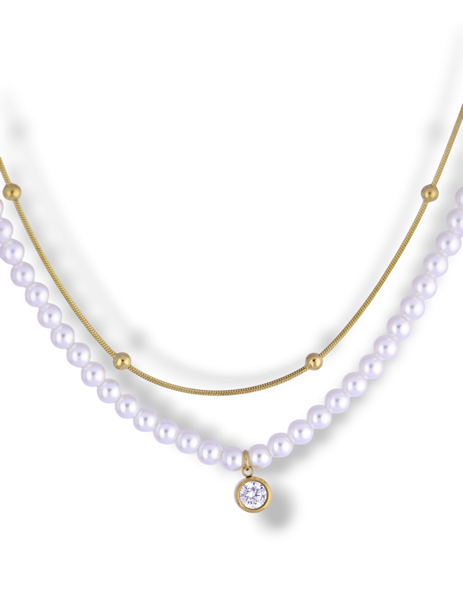 Gold Layered Pearl & Crystal Charm Necklace