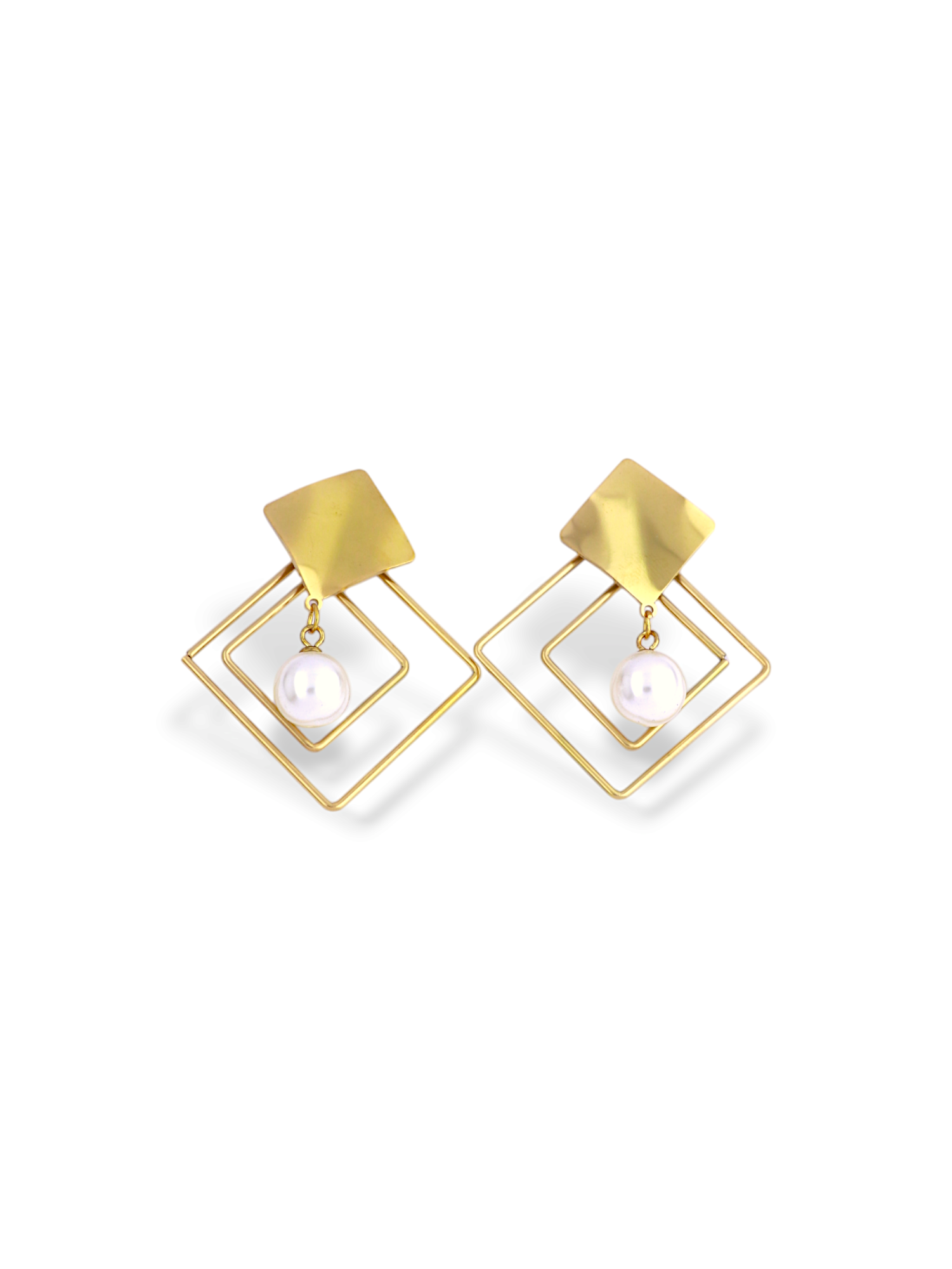 Golden Cross Frame Pearl Drop Earrings