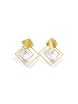 Golden Cross Frame Pearl Drop Earrings