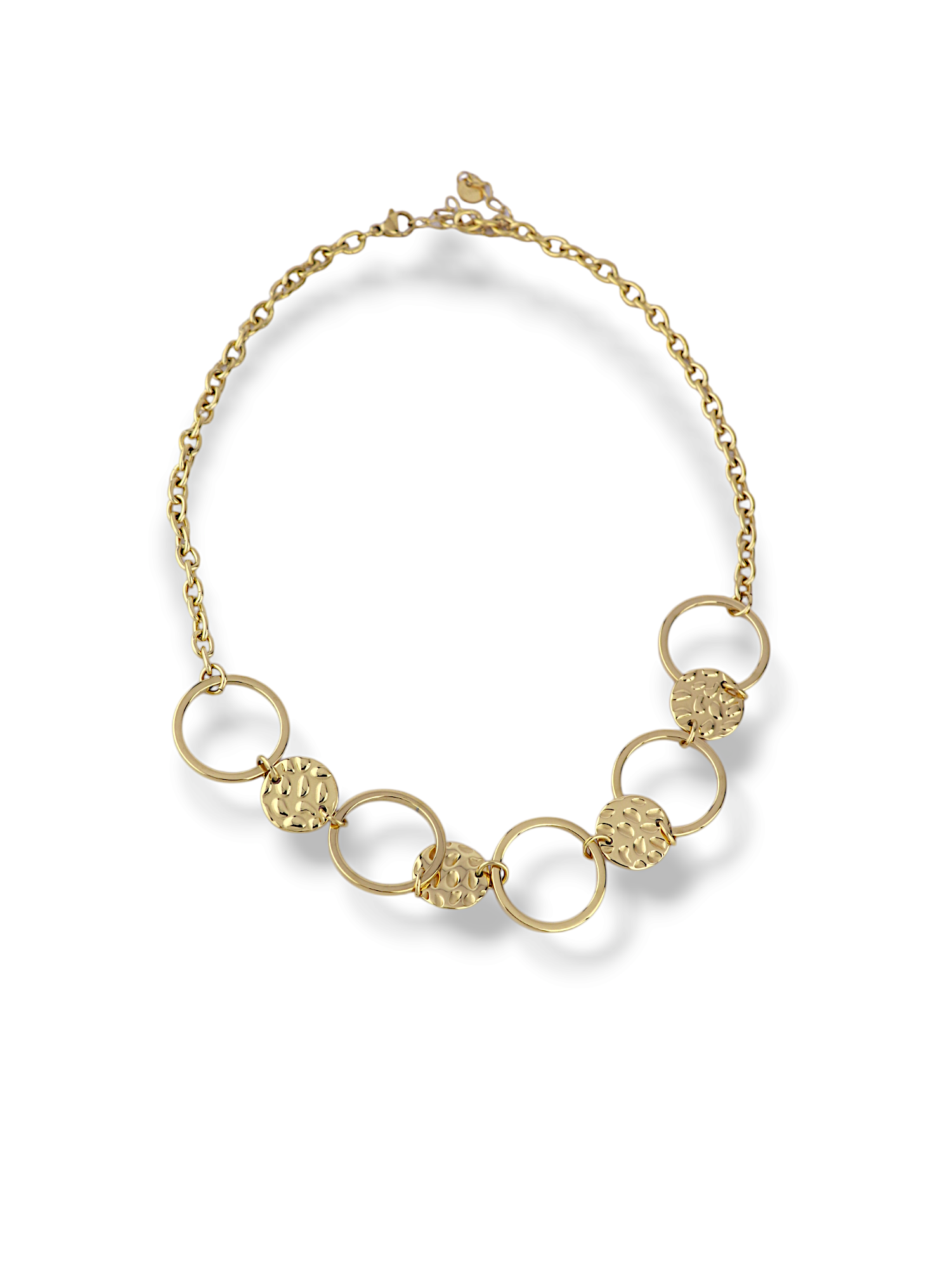 Gold Sunburst Textured Disc & Ring Link Necklace