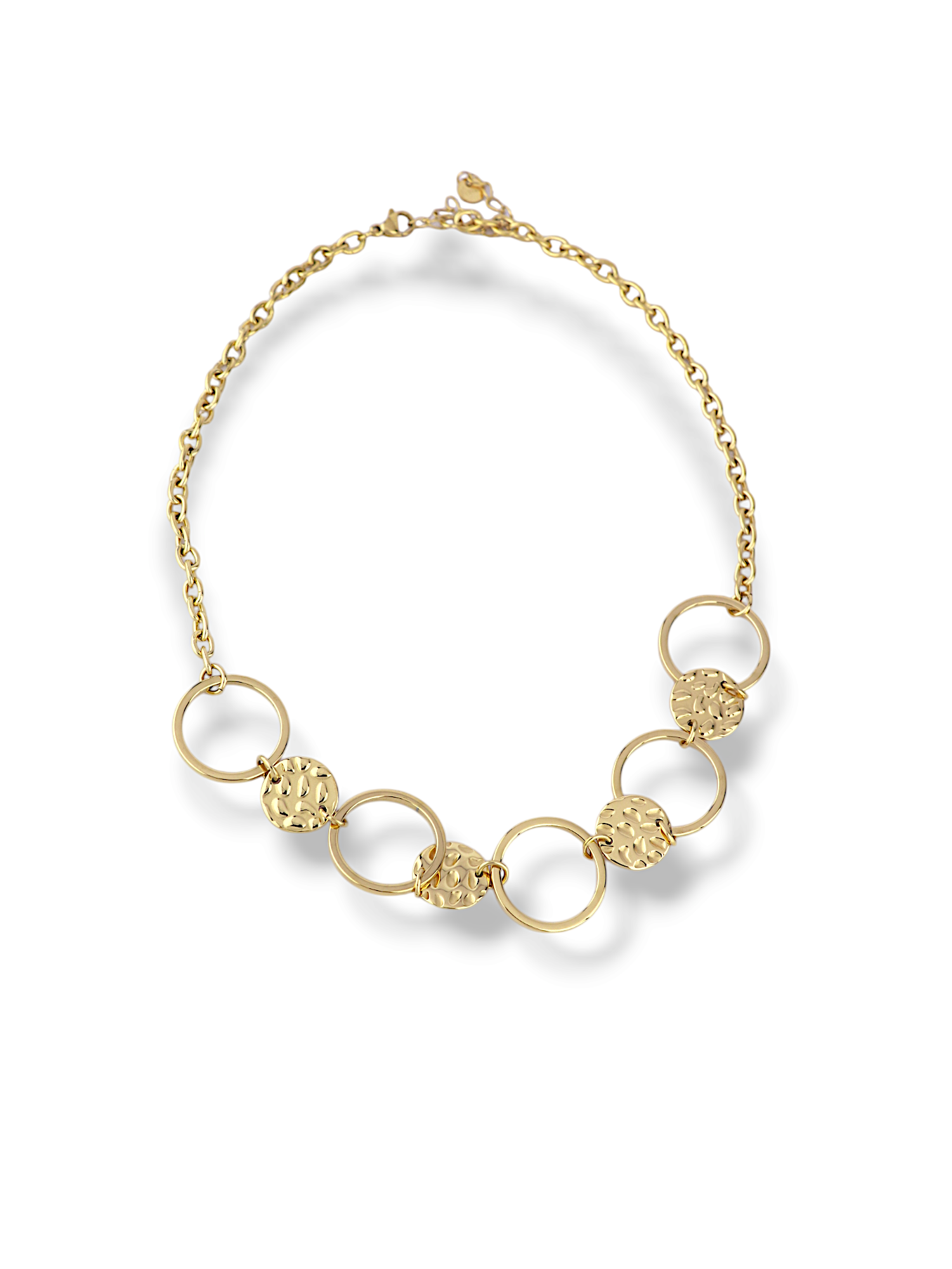 Gold Sunburst Textured Disc & Ring Link Necklace