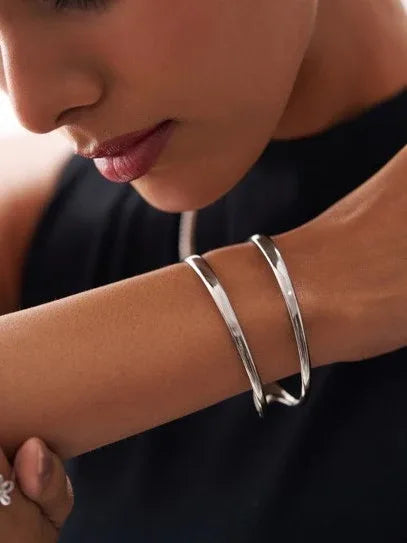 Elegant Silver Arc Double Band Open Cuff Bangles - Doulaat