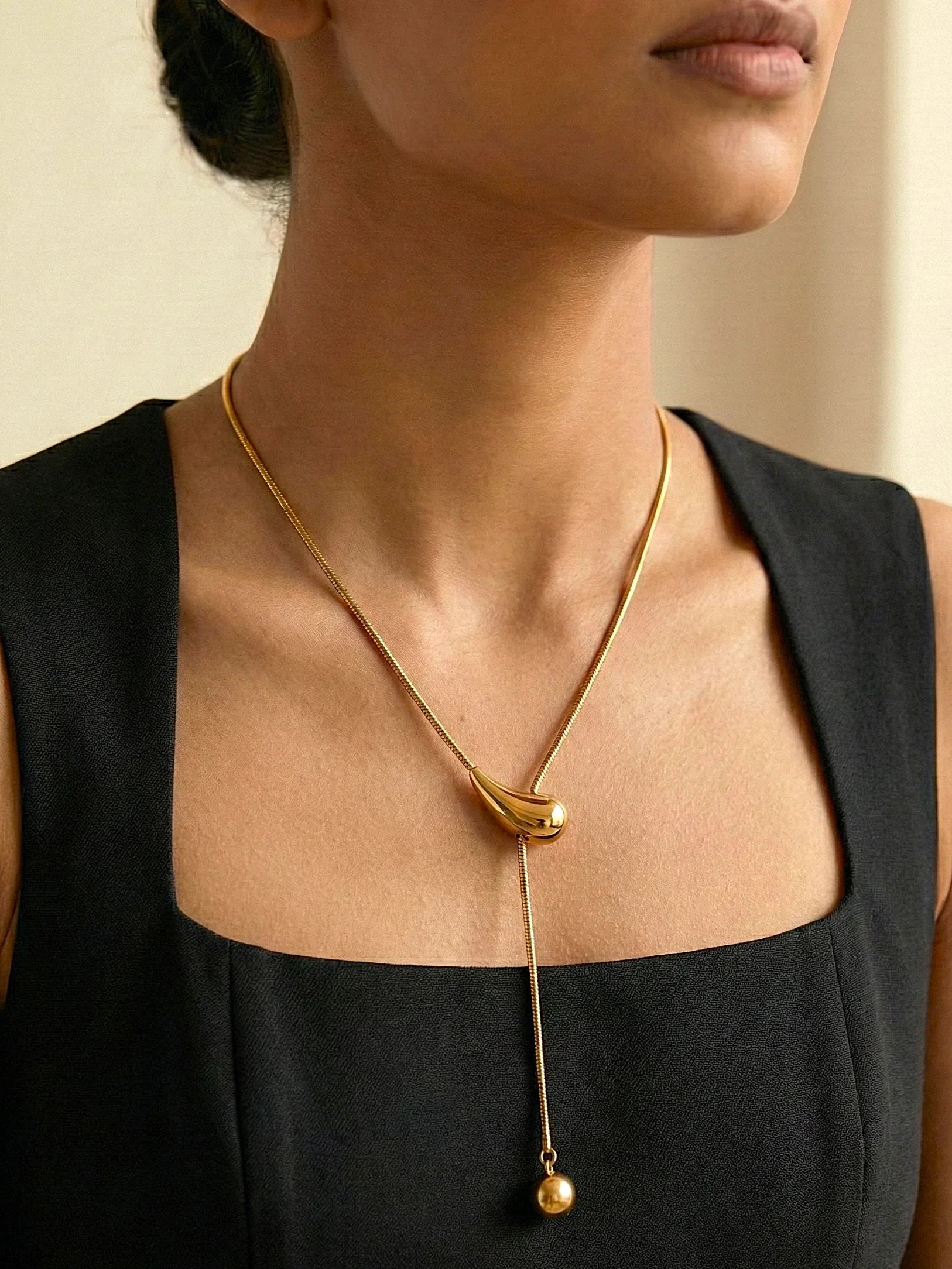 Gold Plated Water Drop Pendant Long Chain Necklace - Doulaat
