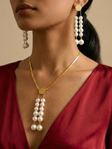Elegant Gold Crystal Pearl Drop Necklace and Earring Set - Doulaat