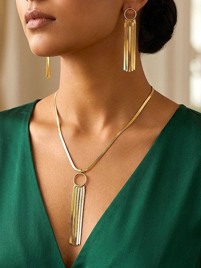 Gold Fringe Necklace and Earrings Set