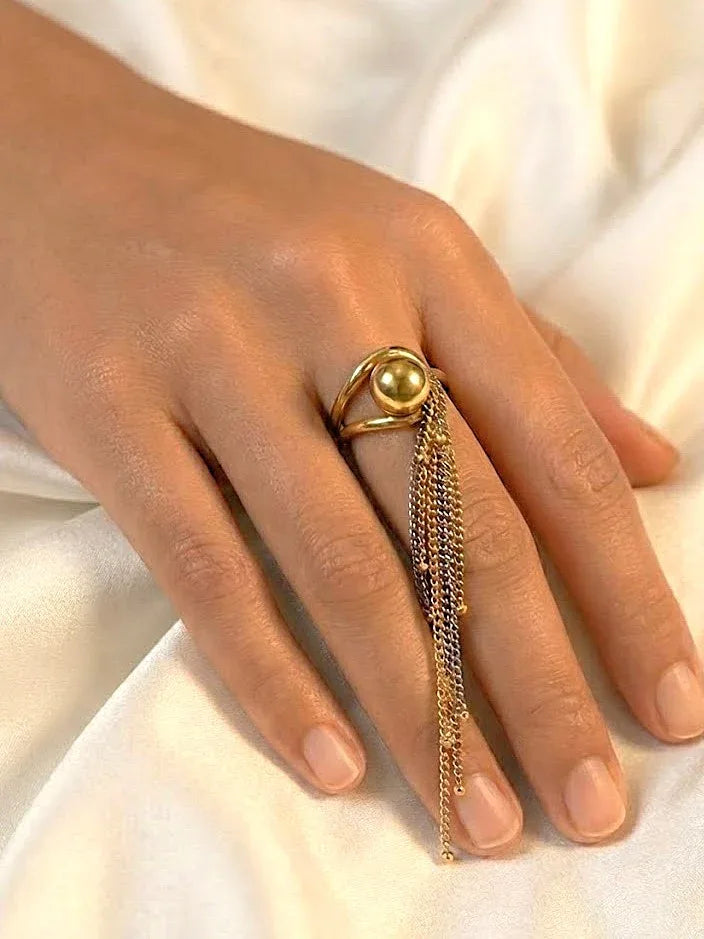 Gold Tassel Linear Ring with Long Hanging Chain - Doulaat