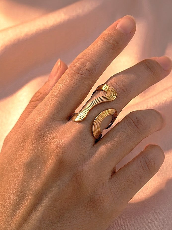 Gold Twin Curve Open Ring with Wavy Design
