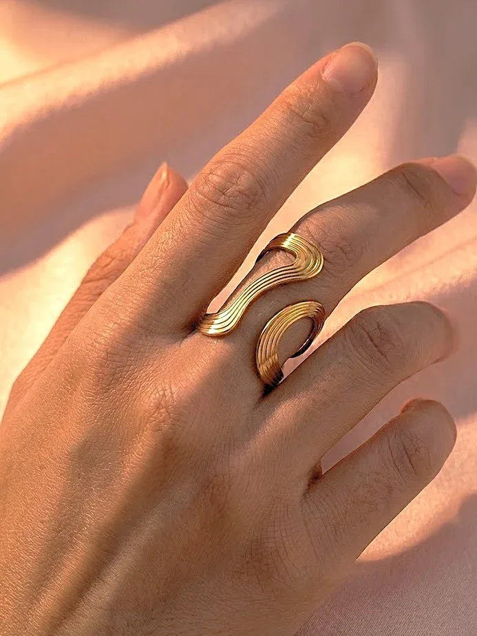 Gold Twin Curve Open Ring with Wavy Design - Doulaat